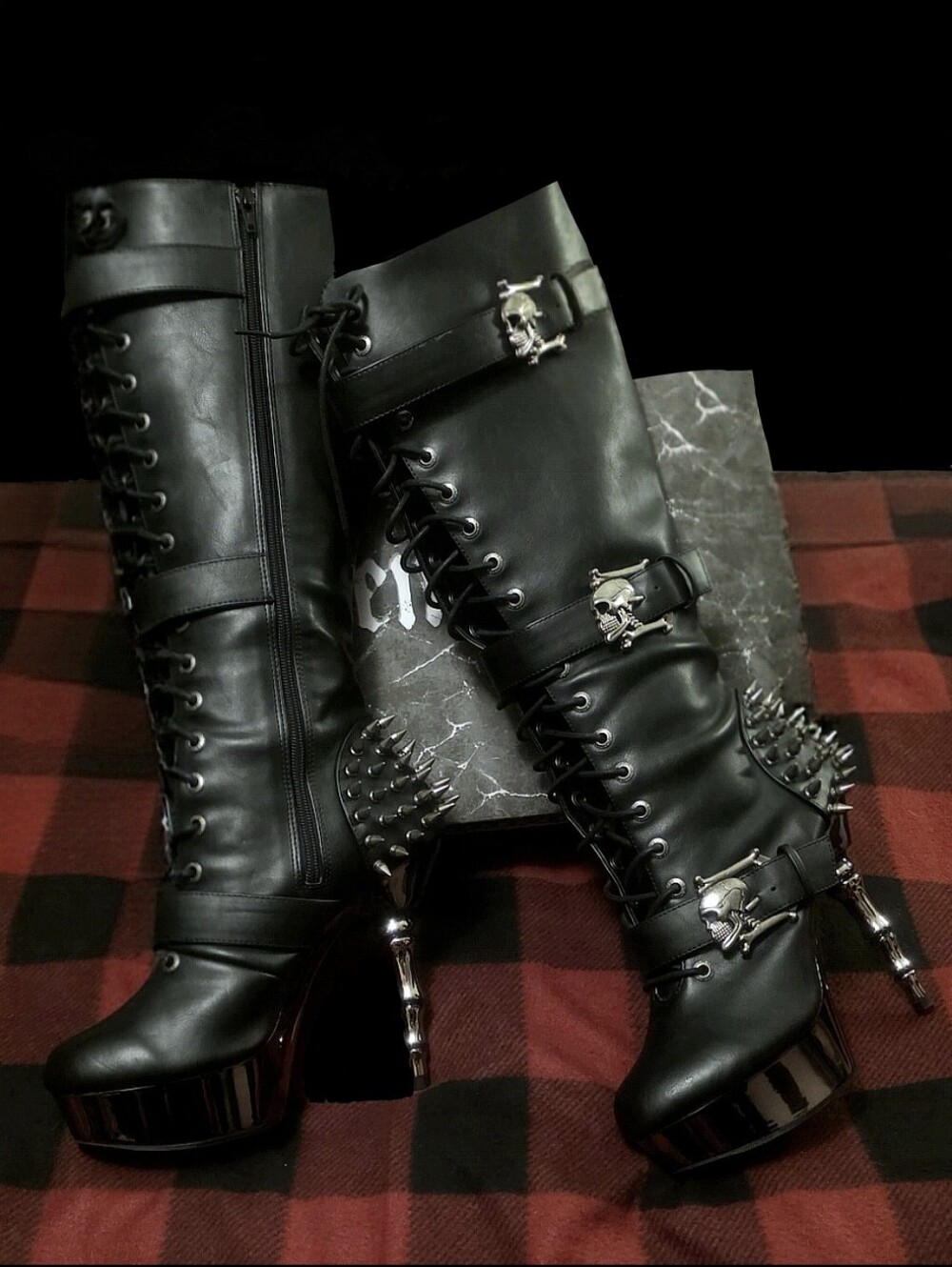 Demonia muerto 2028 chrome bone spiked heel skull buckle lace up boots 11 BNIB - Picture 9 of 17